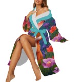 Casual Digital Printing Flannel Robe with Patch Pockets