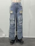 Women Fashion Hollow Rhinestone Cargo Pants Multi-Pocket Washed Jeans