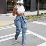 Fashion Casual Patchwork Multi-pocket Harmonica Jeans