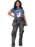 Fashion Casual Patchwork Multi-pocket Harmonica Jeans