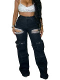 Women Fashion Hollow Rhinestone Cargo Pants Multi-Pocket Washed Jeans