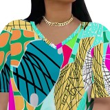Casual Digital Printing V Neck Slit Short Set