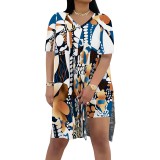 Casual Digital Printing V Neck Slit Short Set