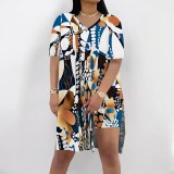 Casual Digital Printing V Neck Slit Short Set
