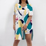 Casual Digital Printing V Neck Slit Short Set