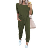 Women's Outfit Short Sleeve Pullover Drawstring Long Pants Tracksuit