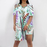 Casual Digital Printing V Neck Slit Short Set