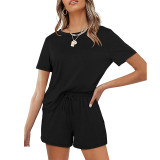 Solid Color Casual Short Sleeve Short Set