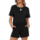 Solid Color Casual Short Sleeve Short Set