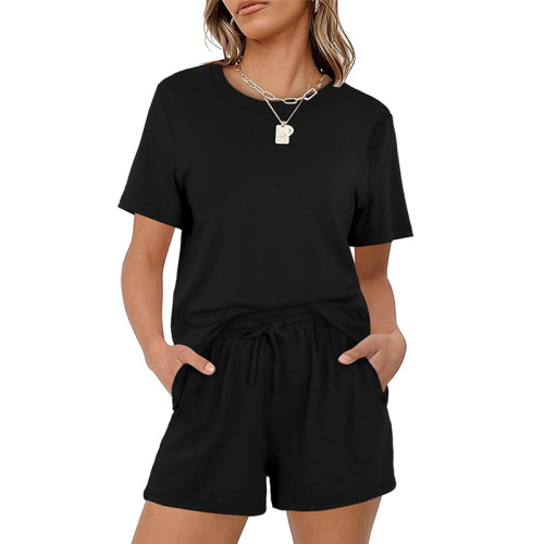 Solid Color Casual Short Sleeve Short Set