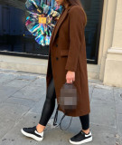 Double Breasted Woolen Coat Notched Collar Winter Long Jacket Outerwear
