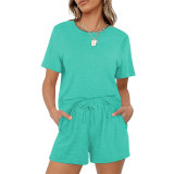 Solid Color Casual Short Sleeve Short Set