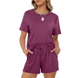 Solid Color Casual Short Sleeve Short Set