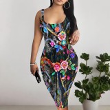 Casual Digital Printing U Neck Sleeveless Midi Dress