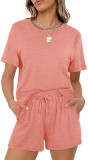 Solid Color Casual Short Sleeve Short Set