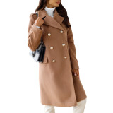 Double Breasted Woolen Coat Notched Collar Winter Long Jacket Outerwear
