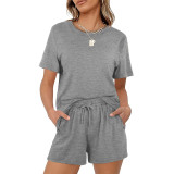 Solid Color Casual Short Sleeve Short Set