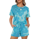 Solid Color Casual Short Sleeve Short Set