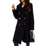 Double Breasted Woolen Coat Notched Collar Winter Long Jacket Outerwear