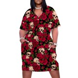 1 Piece Custom Casual Print V Neck Short Sleeve Plus Size Midi Dress