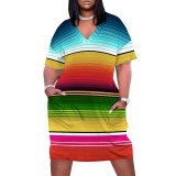 1 Piece Custom Casual Print V Neck Short Sleeve Plus Size Midi Dress