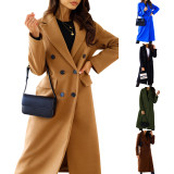 Double Breasted Woolen Coat Notched Collar Winter Long Jacket Outerwear