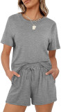 Solid Color Casual Short Sleeve Short Set