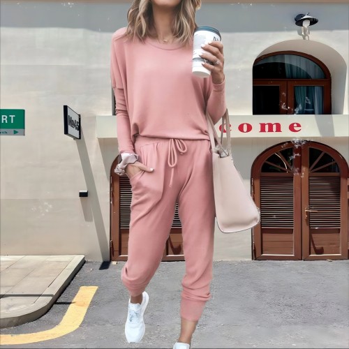 Women's Two- Solid Casual Top Pants Sets Long Sleeve Wear Sports Pants Suit