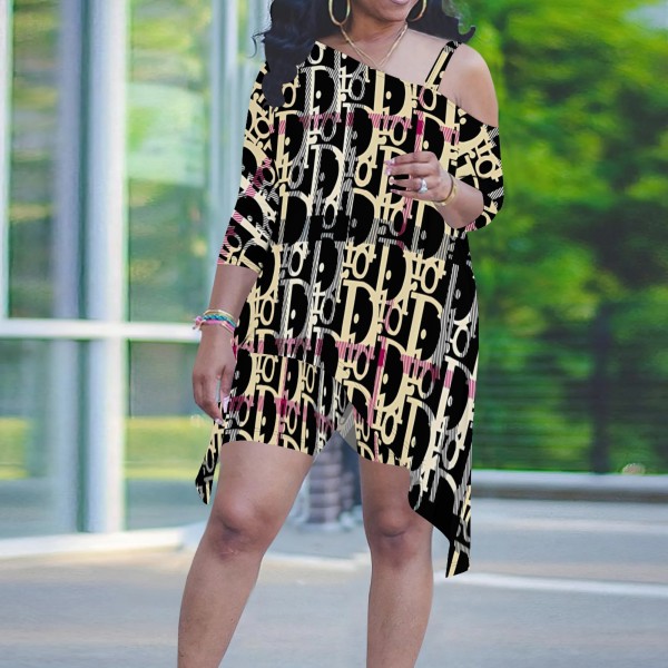 1 Piece Custom Casual Print Plus Size Sloping Shoulders Short Set