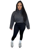 Solid High Neck Washed Top + Yoga Pants Sports Two-piece Set