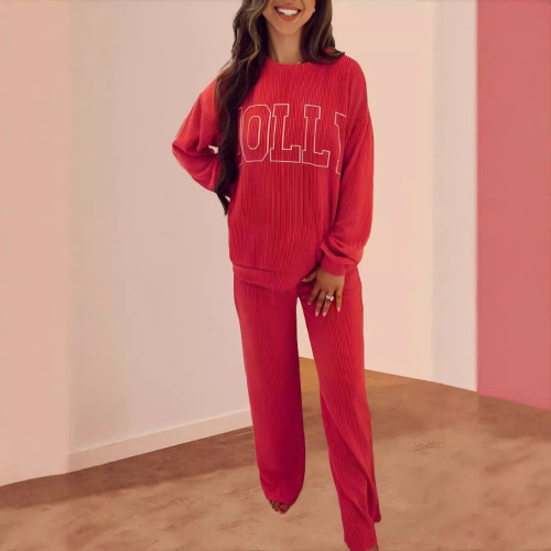 Fiery Red JOLLY Corded Long Sleeve Top and Pockets Pants Set