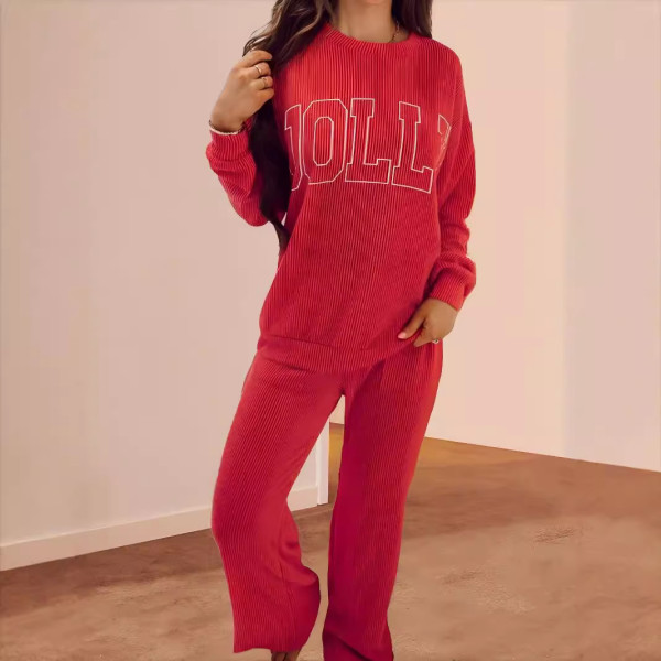 Fiery Red JOLLY Corded Long Sleeve Top and Pockets Pants Set