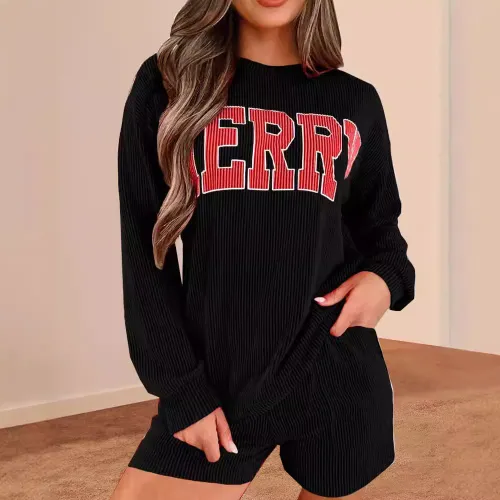 Casual Long Sleeve Printed Letter “MERRY” Lounge Set