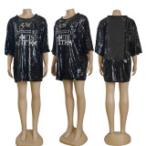Spring Round Neck Mid Sleeve Loose Sequined Dress