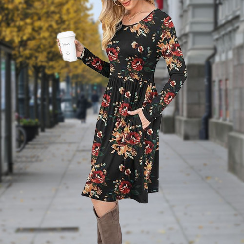Women Casual Long Sleeve Dresses Empire Waist Loose Dress with Pockets