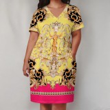 1 Piece Custom Casual Print V Neck Short Sleeve Plus Size Midi Dress