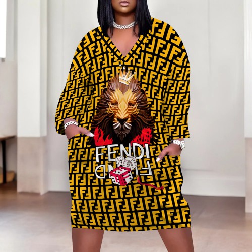 1 Piece Custom Casual Print V Neck Long Sleeve Plus Size Midi Dress