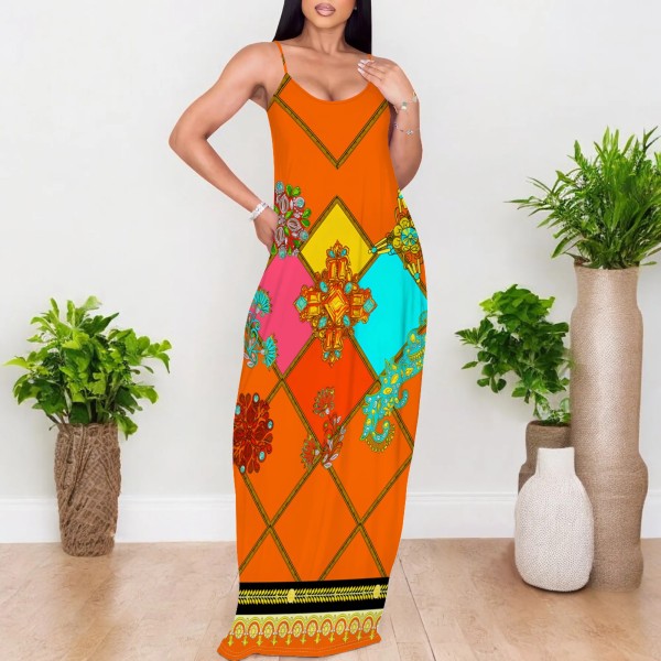 1 Piece Custom Casual Print V Neck Straps Long Dresses