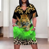 1 Piece Custom Casual Print V Neck Short Sleeve Plus Size Midi Dress