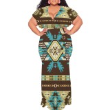 1 Piece Custom Casual Print V Neck Short Sleeve Plus Size Maxi Dress