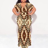 1 Piece Custom Casual Print V Neck Short Sleeve Plus Size Maxi Dress