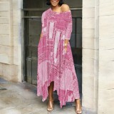 1 Piece Custom Casual Print 3/4 Sleeve Sloping Shoulders Maxi Dress