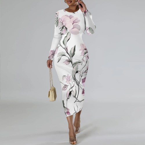 1 Piece Custom Casual Print Long Sleeve O Neck Mid Dresses