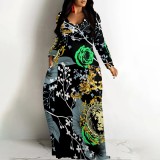 1 Piece Custom Casual Print V Neck Long Sleeve Plus Size Maxi Dress