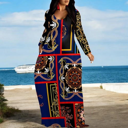1 Piece Custom Casual Print V Neck Long Sleeve Plus Size Maxi Dress