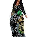 1 Piece Custom Casual Print V Neck Long Sleeve Plus Size Maxi Dress
