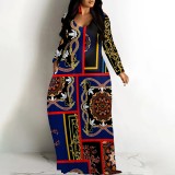 1 Piece Custom Casual Print V Neck Long Sleeve Plus Size Maxi Dress