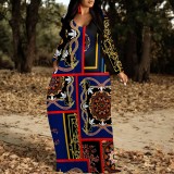 1 Piece Custom Casual Print V Neck Long Sleeve Plus Size Maxi Dress