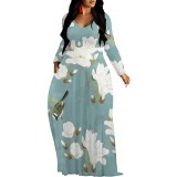 1 Piece Custom Casual Print V Neck Long Sleeve Maxi Dresses