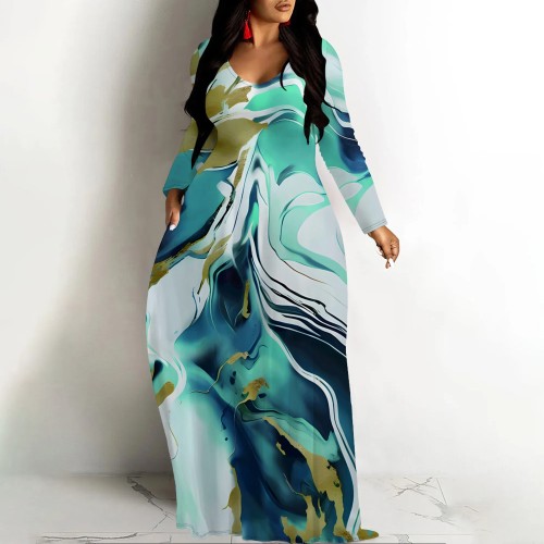 1 Piece Custom Casual Print V Neck Long Sleeve Maxi Dresses